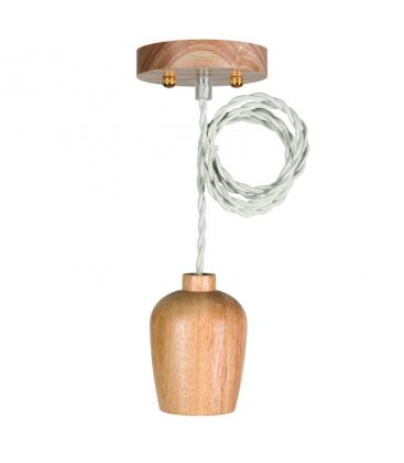 Wooden Pendant Set E27 1.5m Textile Cable Beige 11819-26183