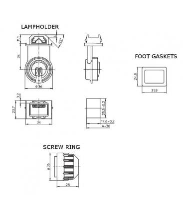 84108 IP67 Lampholder G5 with Screw Ring & Transparent Foot Gaskets 13551-38068