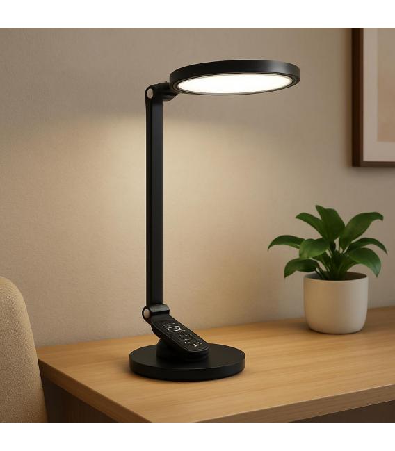 RAGAS Lampe de bureau LED noire - Luminosité réglable, lumière blanche et horloge – Photo